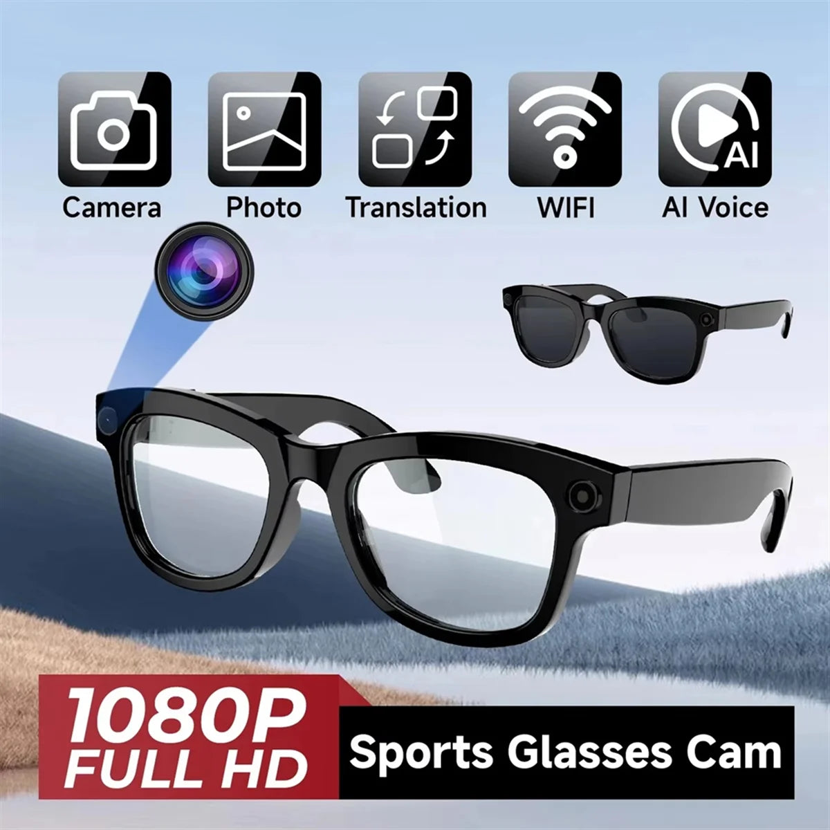NEW AI Glasses 500W HD Anti-Shake Camera Glasses Ai Translation Calls,Video Recording Photo Taking Bluetooth Headset Glass,B